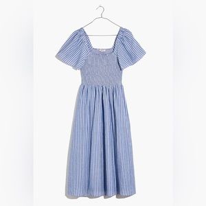 Madewell Lucie Smocked Midi Dress - Blue Stripe XXS